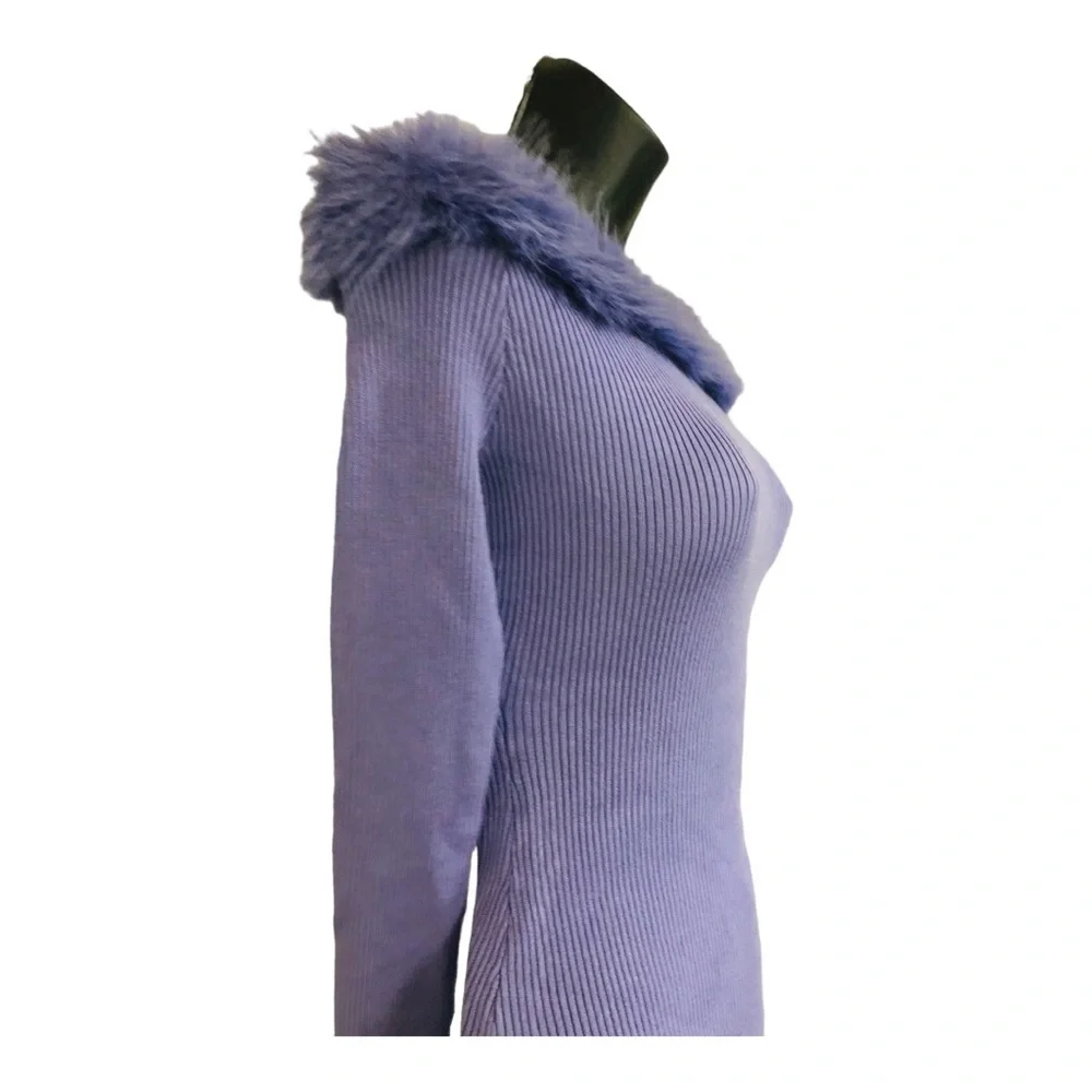 Purple faux‎ fur trim off the shoulder ribbed sweater knit bodysuit size large - Picture 7 of 17